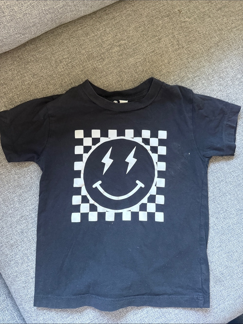 Black Kids Graphic Tee with Lightning Smile. Checkerboard